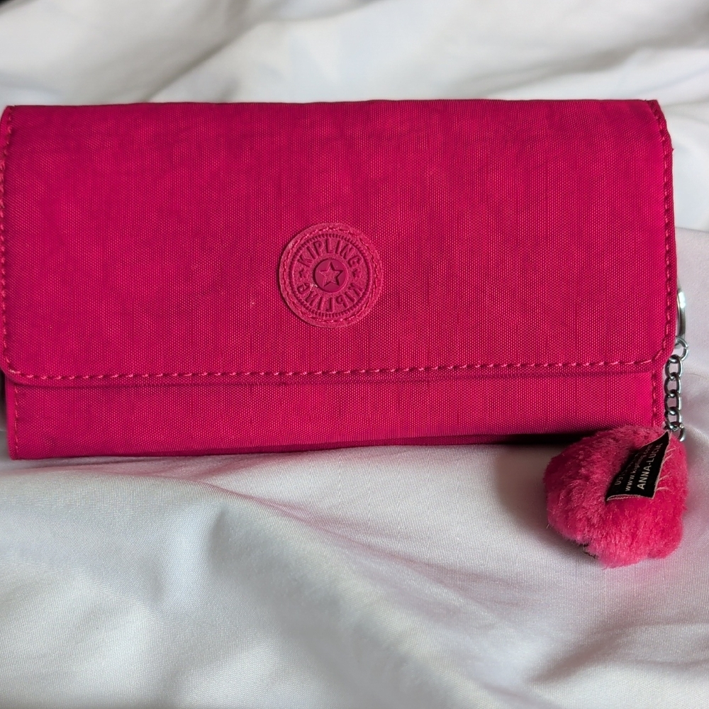 Kipling Hot Pink Continental Wallet with Pom Pom Charm